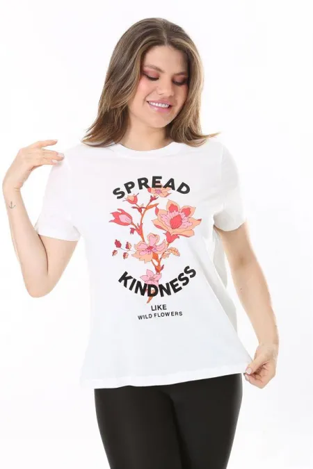 Kadın Büyük Beden Beyaz Pamuklu Kumaş Ön Baskılı Kısa Kollu Bluz 65N37854