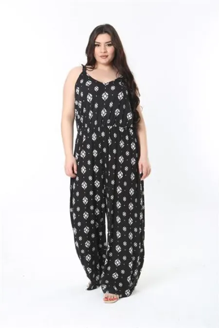 Kadın Büyük Beden Siyah Askılı Geniş Paçalı Beli Lastikli Rahat Kesim Tulum 65N38852