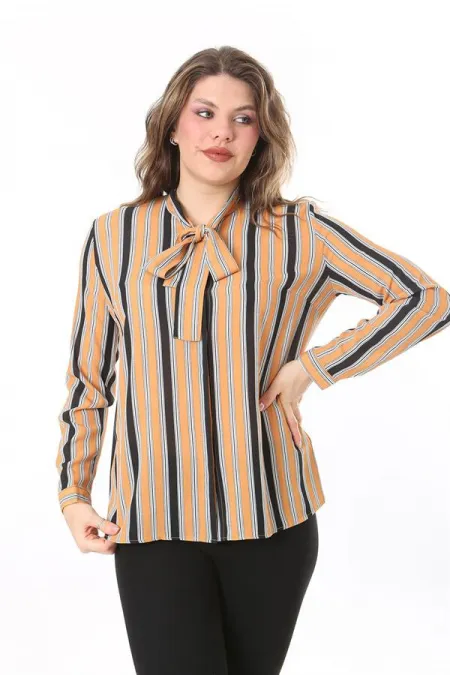 Kadın Büyük Beden Sarı Yakası Fular Bağlamalı Çizgili Bluz 65N38018
