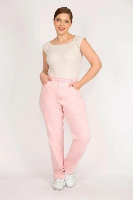 Kadın Pembe Büyük Beden 5 Cepli Likrasız Kot Pantolon
