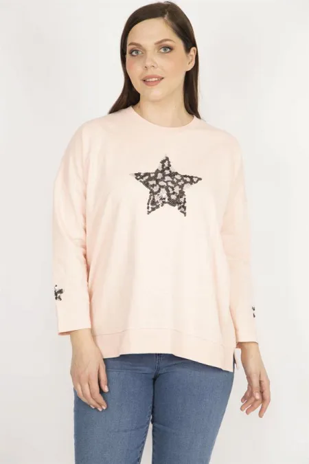 Kadın Pembe Büyük Beden Payet Detaylı Sweatshirt