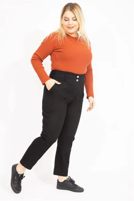 Kadın Siyah Yüksek Bel Takma Cepli Kot Pantolon 65N35549