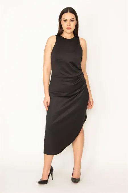 WOMEN'S BLACK DRESS WITH ASYMMETRIC WAIST PLEATED SKIRT AND HIDDEN ZIPPER AT THE BACK