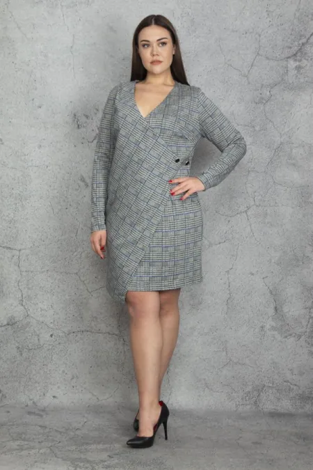 ROBE DOUBLÉE À MOTIF CARREAUX GRIS POUR FEMME, TAILLE DÉTAILLÉE, PORTEFEUILLE