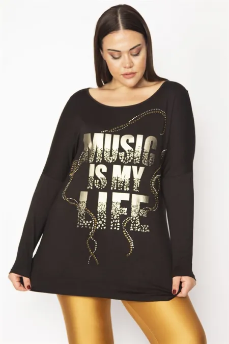 Kadın Siyah Lak Baskı Ve Taşlı Sırt Detaylı Yanları Büzgülü Tunik 65N29489