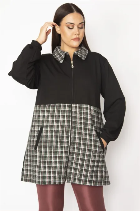 Kadın Bej Ekose Desen Detaylı Fermuarlı Cepli Mont 65N29569