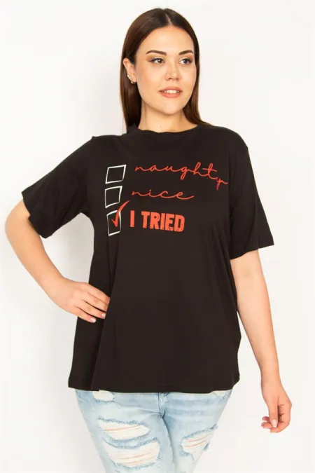 Kadın Siyah Pamuklu Kumaş Ön Baskılı Bluz 65N33301