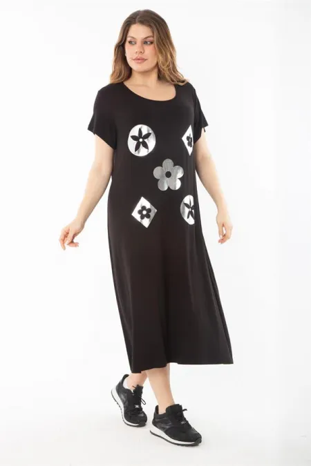 Kadın Büyük Beden Siyah Lame Baskılı Elbise