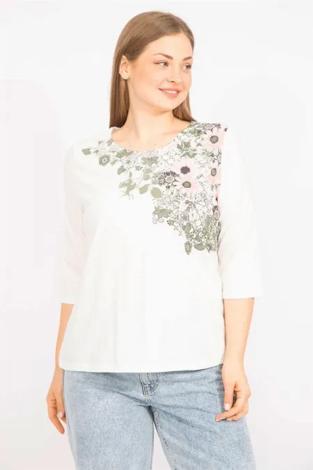 Kadın Kemik Büyük Beden Pamuklu Kumaş Ön Baskılı Bluz 65N35708