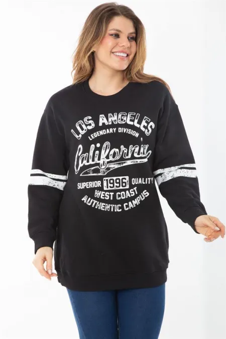 Women's Plus Size Black Three Thread Sweatshirt with Raised Inside 65N37295