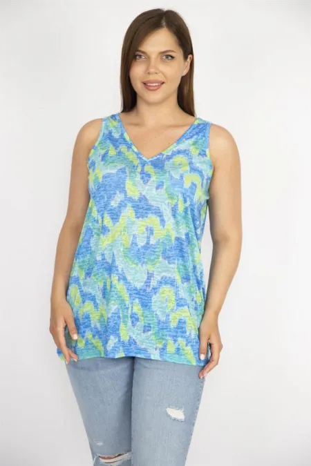 Kadın Renkli Büyük Beden V Yakalı Renkli Kolsuz Bluz