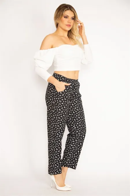Kadın Siyah Beli Lastikli Çiçek Desenli Cepli Pantolon 65N34677