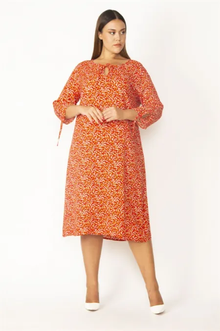 Kadın Bordo Yaka Ve Kolları Bağcık Detaylı Dokuma Viskon Kumaş Çıtır Desenli Elbise 65N28831