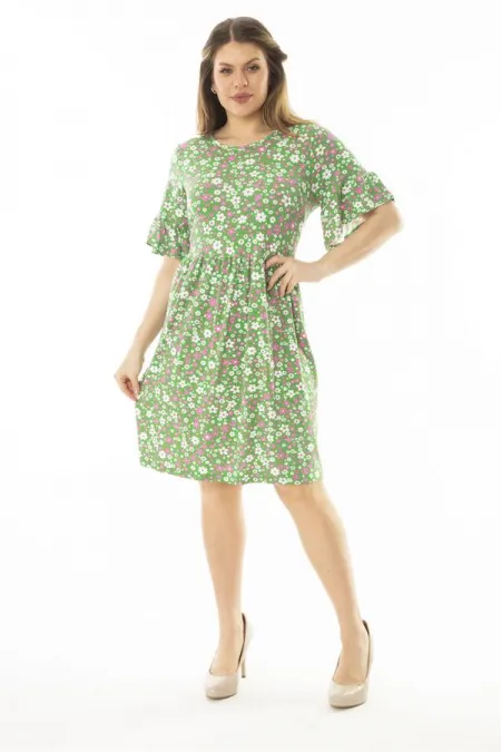 Kadın Büyük Beden Yeşil Kol Ağzı Volanlı Belden Büzgülü Çiçek Desenli Elbise 65N37079