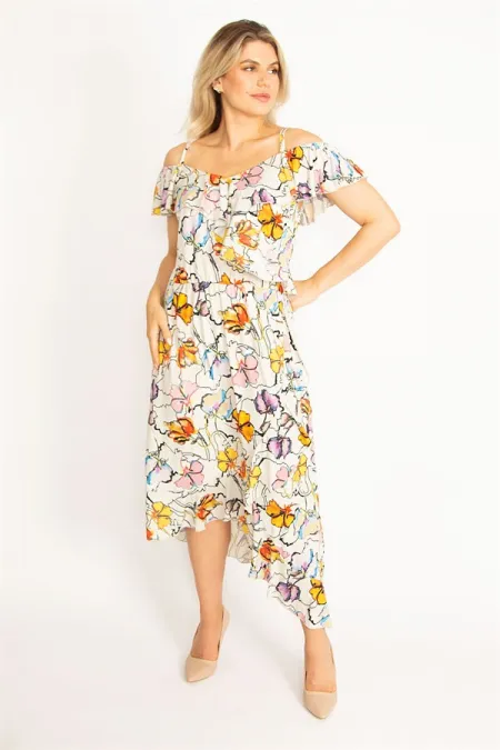 Kadın Renkli Yaka Lastikli Askı Ve Volan Detaylı Elbise 65N34441