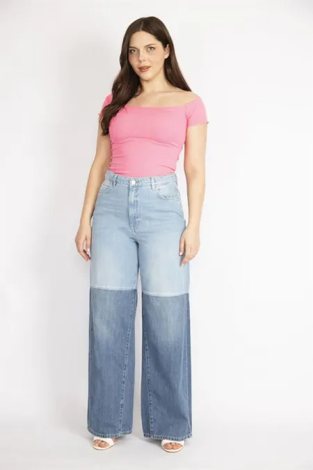 Kadın Mavi Büyük Beden Renk Detaylı Geniş Paça Kot Pantolon