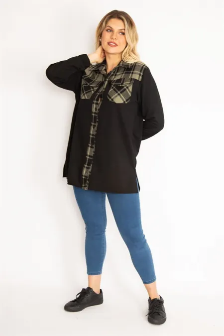 Kadın Haki Ekose Garnili Ön Düğmeli Cepli Gömlek 65N35140