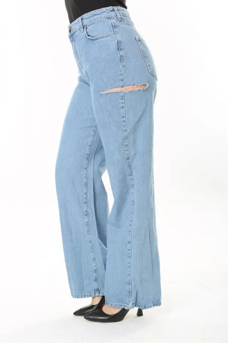 Kadın Büyük Beden Mavi Yırtık Detaylı Yüksek Bel Kot Pantolon 65N38076