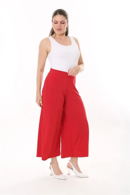 Pantalon rouge grande taille pour femme, jambes larges, taille élastique, en lycra, couleur sable, réf. 65N37443
