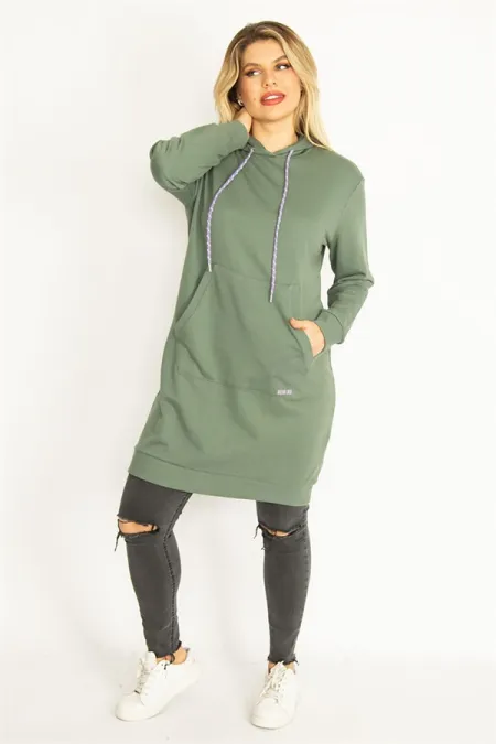 Women's Green Hooded Kangaroo Pocket Long Sweatshirt 65N35070