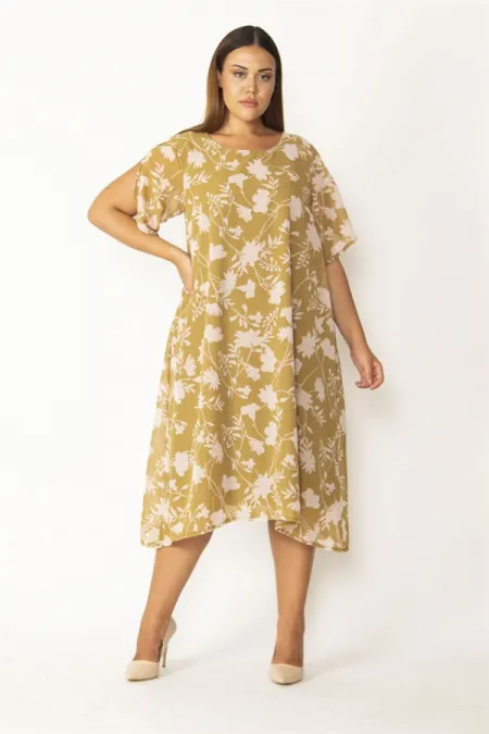 Kadın Haki Astarlı Yırtmaç Kollu Şifon Elbise 65N28127