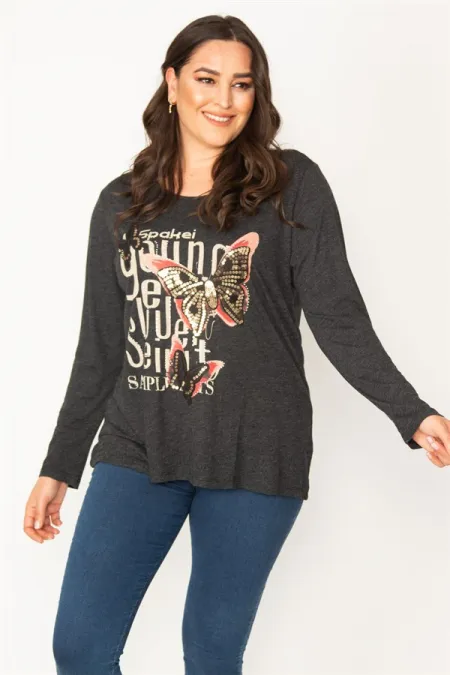 KADIN FÜME BASKI DETAYLI TAŞ İŞLİ KELEBEK FİGÜRLÜ BİSİKLET YAKA TUNİK