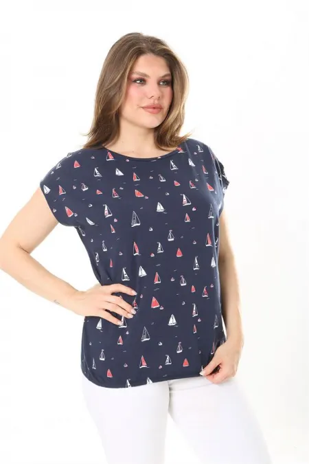 Kadın Büyük Beden Lacivert Pamuk Kumaş Etek Ucu Lastikli Düşük Kollu Bluz 65N37895