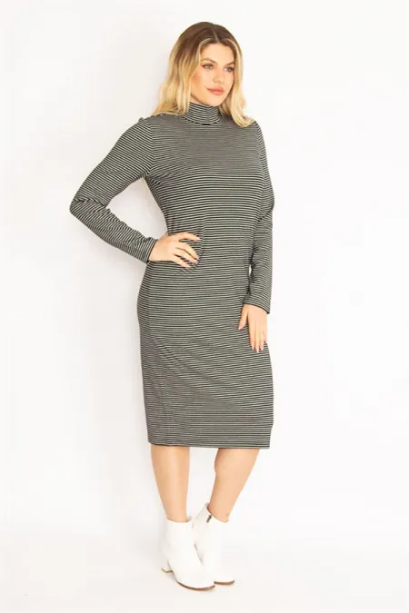 Kadın Siyah Balıkçı Yaka Çizgi Detaylı Viskon Elbise 85N7268