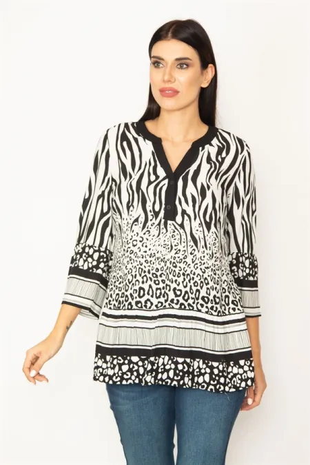 TUNIQUE FEMME NOIRE À MOTIFS AVEC BOUTONNAGES SUR LE DEVANT