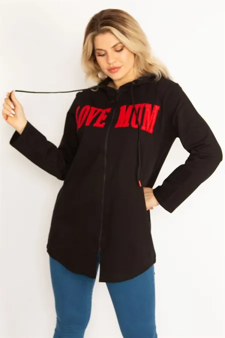 Women's Black Hooded Front Zipper and Print Detailed Sweatshirt 65N34681