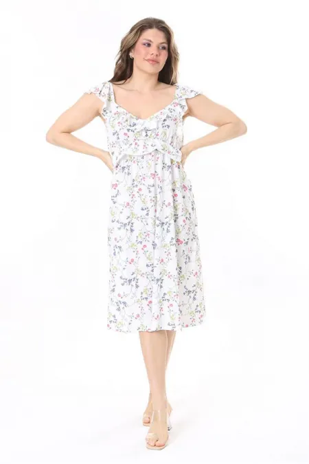 Kadın Büyük Beden Kemik Kol Ve Beli Volan Detaylı Elbise 65N37982