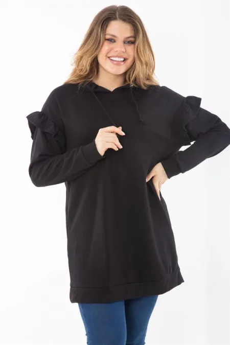 Women's Plus Size Black Three-Thread Sleeve Detailed Hooded Sweatshirt with Raised Inside 65N37299
