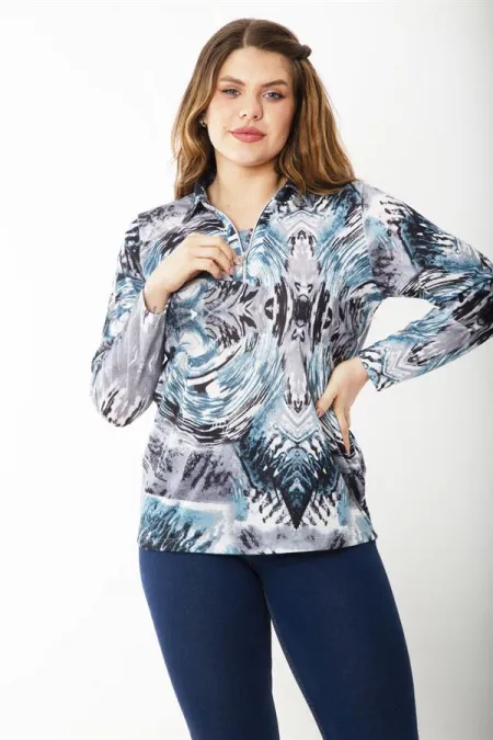 Kadın Büyük Beden Bordo Ön Patı Fermuarlı Uzun Kollu Desenli Bluz 65N37218