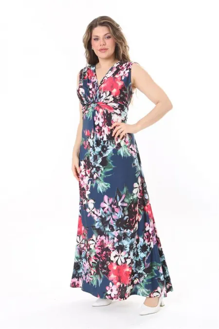 Kadın Büyük Beden Renkli Göğüs Büzgü Detaylı Kuşaklı Elbise 65N37966