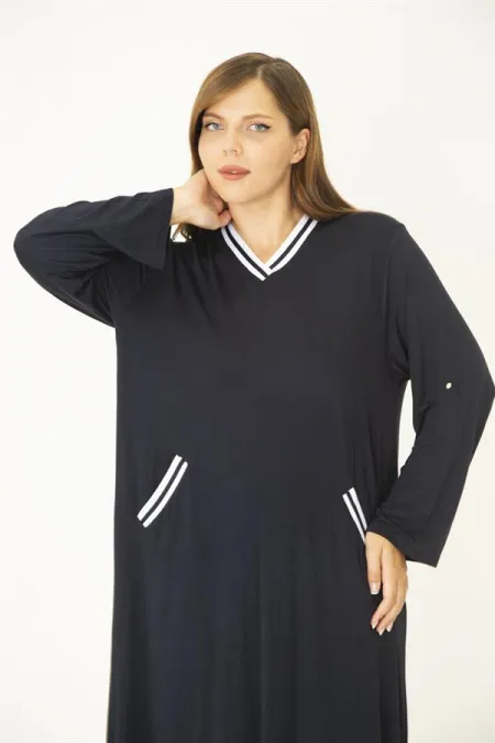 Kadın Büyük Beden Lacivert Ribana Detaylı V Yakalı Kol Boy Ayarlı Cepli Elbise 65N36829