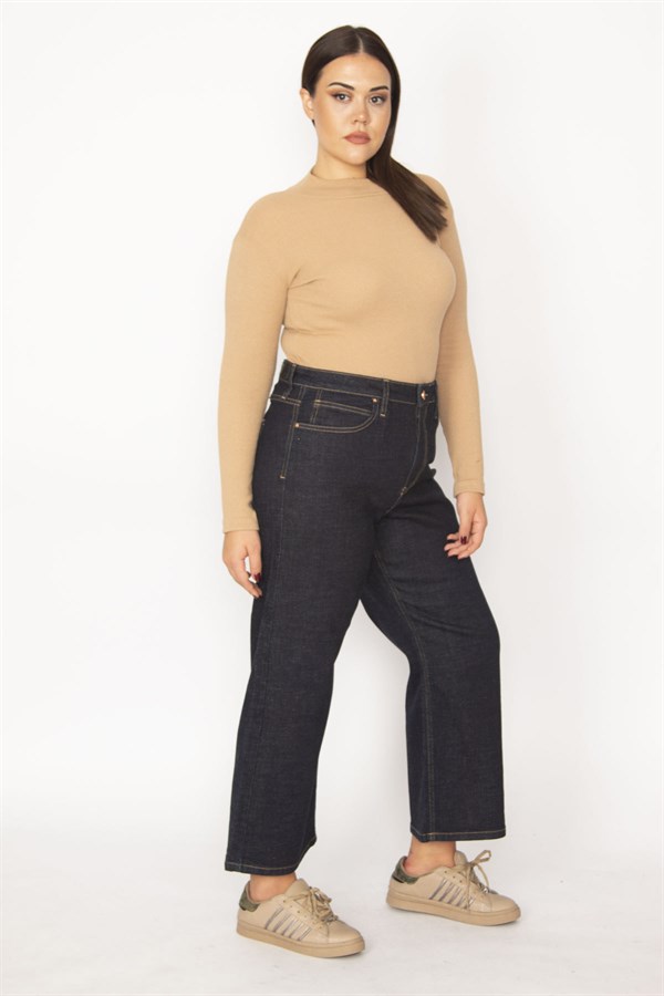 Kadın Lacivert Geniş Paçalı Yüksek Bel 5 Cepli Likralı Kot Pantolon 65N29279