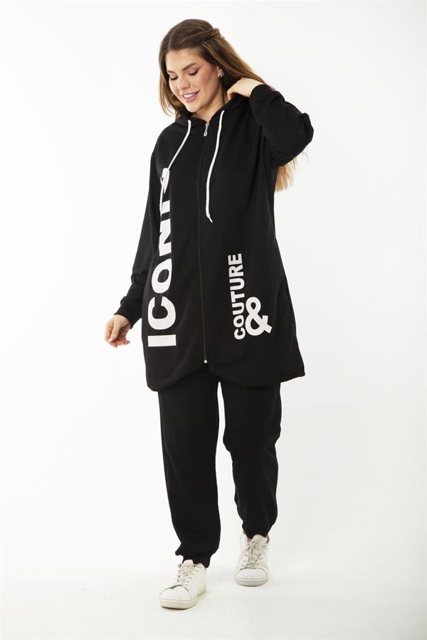 Kadın Büyük Beden Gri Baskı Ve Fermuar Detaylı Kapşonlu Sweatshirt Pantolon Takım 65N37128