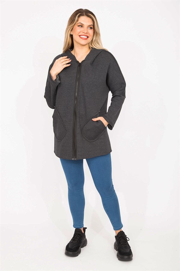 Kadın Antrasit Ön Fermuarlı Cep Ve Kapşonlu Mont 65N35108