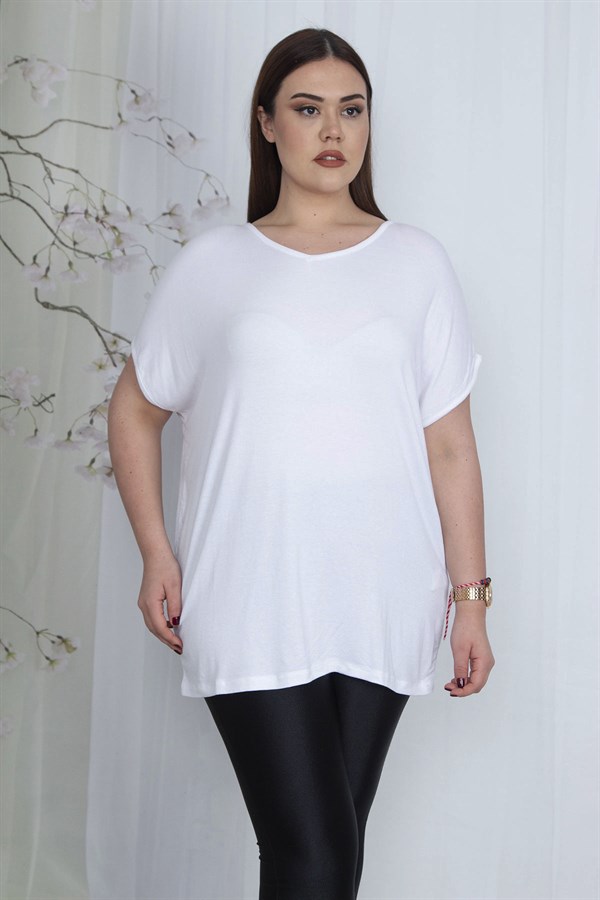 Kadın Beyaz V Yakalı Düşük Kol Bluz 65N23546