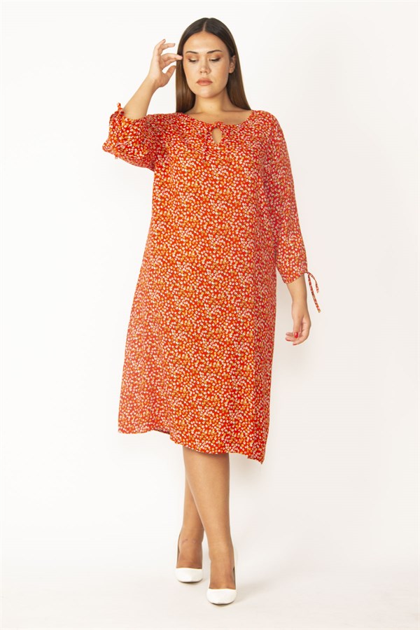 Kadın Bordo Yaka Ve Kolları Bağcık Detaylı Dokuma Viskon Kumaş Çıtır Desenli Elbise 65N28831