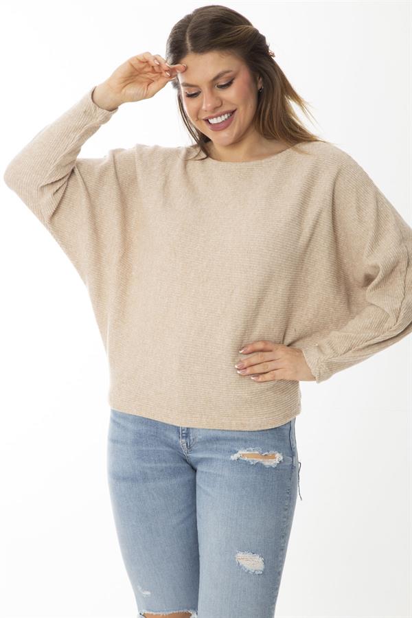 Kadın Büyük Beden Lila Yarasa Kol Kendinden Çizgili Yün Viskon Bluz 65N37007