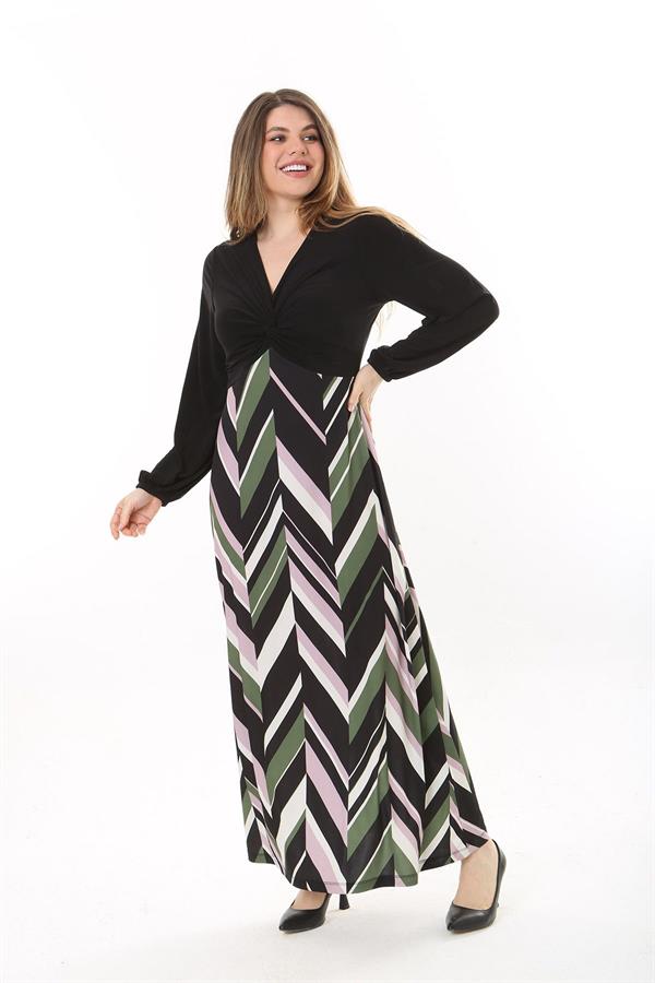 Kadın Büyük Beden Siyah Göğsü Büzgü Detaylı Uzun Kollu Elbise