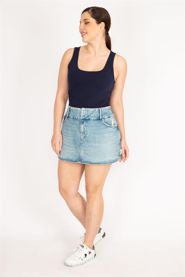 Kadın Mavi Büyük Beden Ön Fermuarlı Likralı Kot Etek