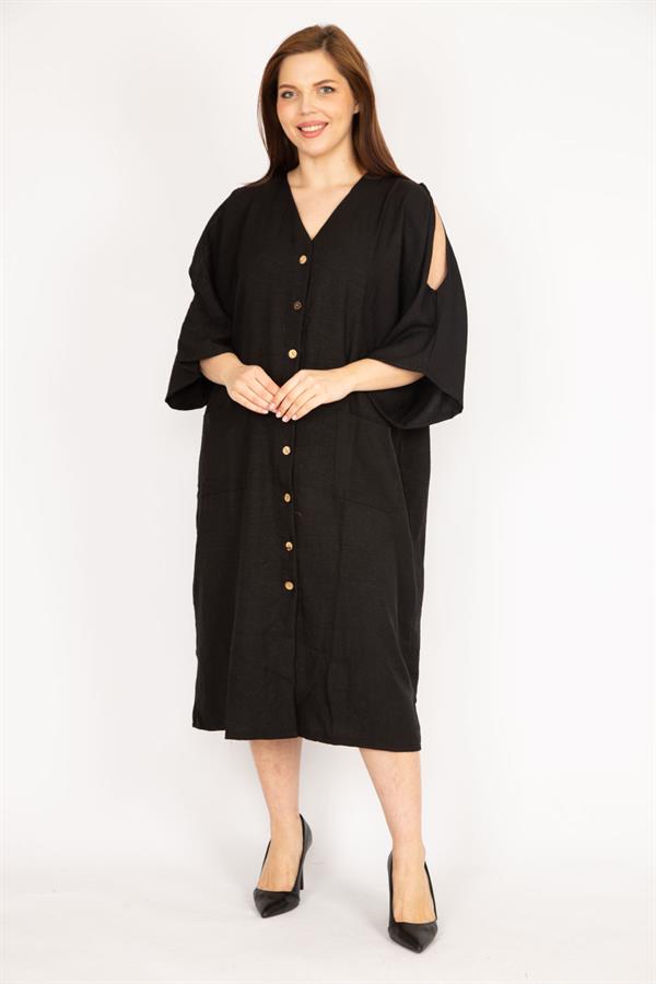 Kadın Camel Büyük Beden Omuz Dekolteli Ön Düğmeli Elbise