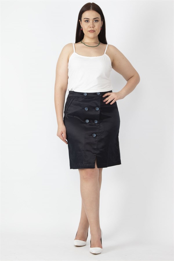 Kadın Lacivert Diagonal Saten Kumaş Düğme Detaylı Arka Bel Lastikli Etek 65N16670