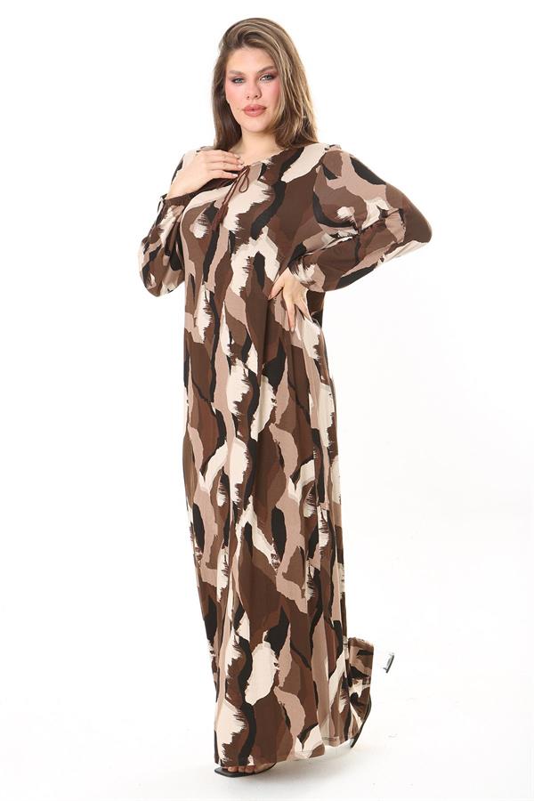 Kadın Büyük Beden Kahve Yaka Bağcıklı Uzun Kollu Maksi Boy Elbise 65N37866
