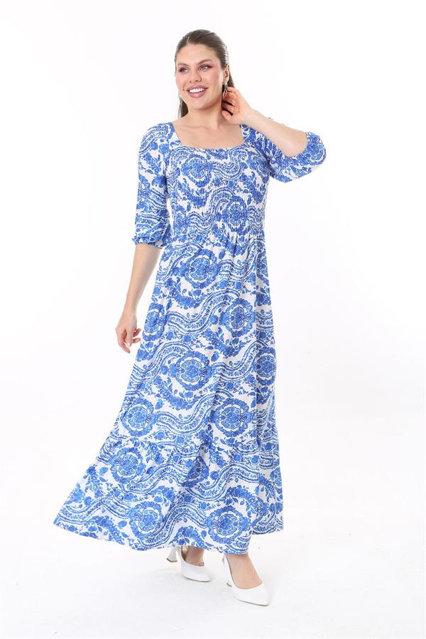Kadın Büyük Beden Mavi Göğüs Kısmı Gipe Lastikli Etek Ucu Katlı Uzun Elbise 65N37737