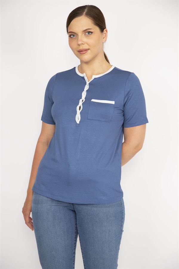 Kadın Mavi Büyük Beden Ön Pat Düğmeli Peto Cepli Kısa Kol Bluz