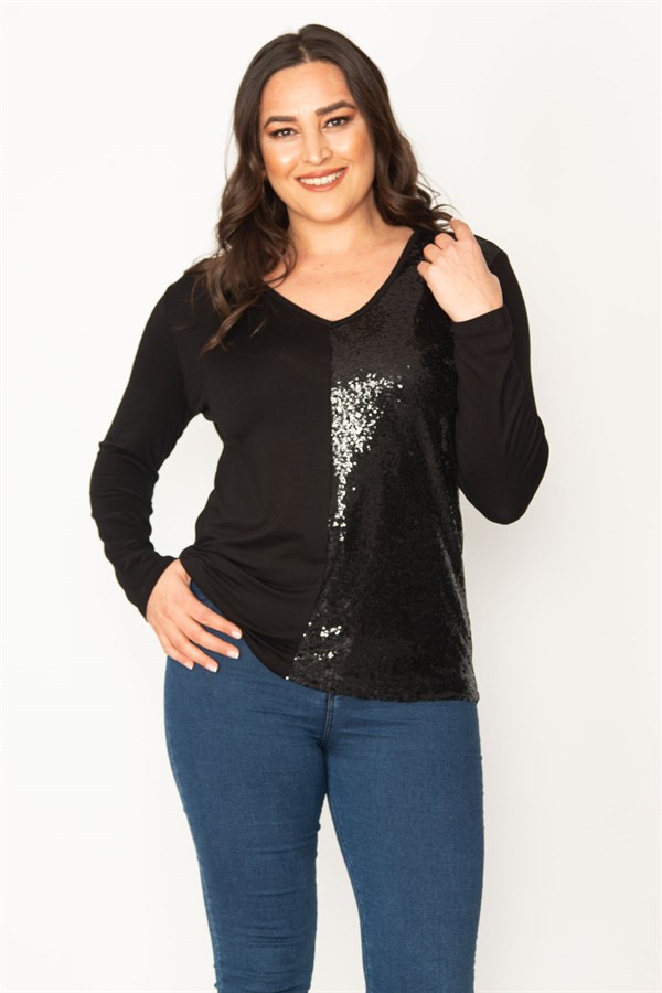 Kadın Siyah Yarısı Pul Payet Detaylı V Yaka Bluz 65N30422