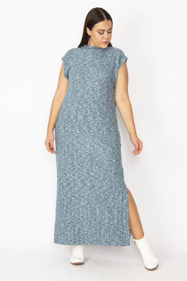 Kadın Gri Dik Yakalı Yan Yırtmaçlı Likralı Elbise 65N28715